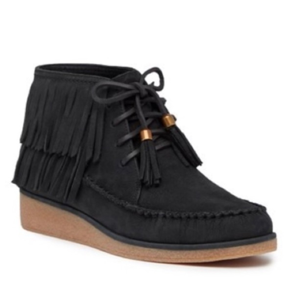 UGG Caleb Black Leather‎ Fringe Bootie - Picture 1 of 7